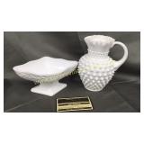 Milkglass hobnail pitcher and dish