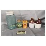 Blue Mason jar with salt and pepper shakers