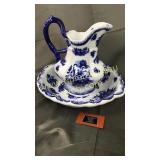 Blue and white pitcher and basin