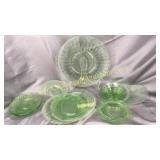 11 green depression platters, plates and saucers