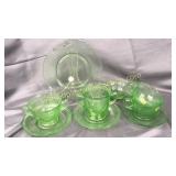 9pcs green depression- sugar bowls, tea cups,