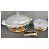 Fire king gay fad fruits casserole with lid and