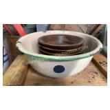 Browns and green enamel ware bowl with 6 wooden