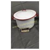 Red and white enamel ware stock pot