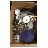 Box with teapots, egg plate, stems,etc