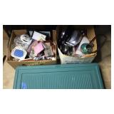 2 boxes and tote,view master, cookware, dresser