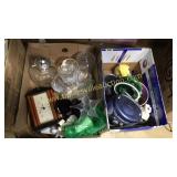 2 boxes glassware, lamp base, Pottery, more