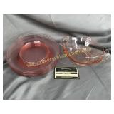 6 pink depression dessert plates and bowl