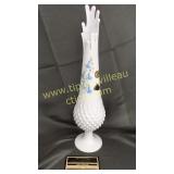 Fenton milk glass hobnail vase hand painted blue