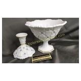 Milk glass quilt pattern with hand painted blue