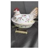 Hand painted hen on nest small pink flowers