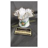 Hand painted milk glass hat vase