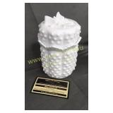Fenton milk glass hobnail jam jar with butterfly