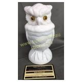 Heavy milk glass owl candy dish one eye is