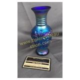 Signed Fenton iridescent blue carnival vase