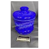 Fenton blue slag glass tobacco jar grape pattern