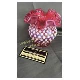 Fenton opalescent cranberry hobnail ruffle vase