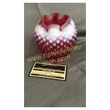Fenton cranberry hobnail opalescent rose bowl