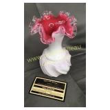 Fenton white and cranberry cased silver crest