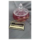 Fenton cranberry quilt pattern powder dish with
