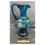 Fenton blue ewer hand painted applied handle with