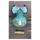 Fenton blue green opaque vase plum crest