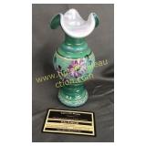 Fenton cased iridescent green handpainted artist