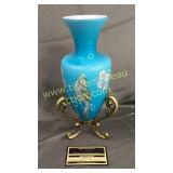 Gorgeous Fenton blue amphora vase with stand