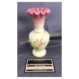 Fenton yellow and pink Burmese bud vase hand