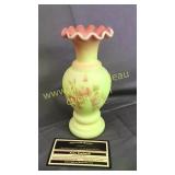 Fenton yellow and pink Burmese vase handpainted