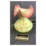 Fenton yellow and pink Burmese vase with pulled