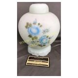 Fenton satin blue ginger jar on stand hand