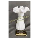 Fenton white ribbed hand painted vase artist