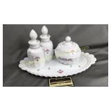 Westmoreland milk glass hand painted dresser set-