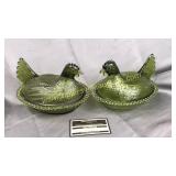 Pair of green hen on nests