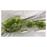 Green Viking glass bowl and candle stands
