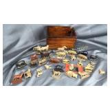 Vintage toy farm animals in wooden box