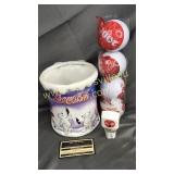 Coca-Cola ornaments, night light in cookie jar no