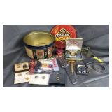 Tin of vintage patches, military bars, watches,