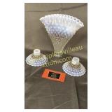 Fenton opalescent hobnail fan vase and candle