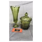 Green coin glass vase and candy dish