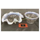 Opalescent footed ruffle bowl and grape pattern