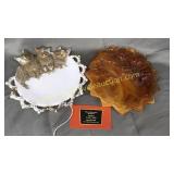 Slag glass wolf dish and milk glass cat dish