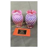 2 Fenton cranberry opalescent bud vases one has