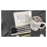 Rae Dunn wall plaque, mug and pen set