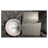Dairy crate and Enamel ware red and white dishpan