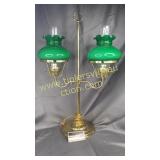Brass double lamp with green globes