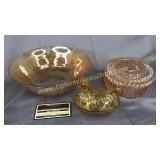 Carnival bowl and powder dish with amber hen on