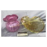 Pink art glass vase and yellow bowl