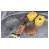 Vintage celluloid dresser box and hair receiver,